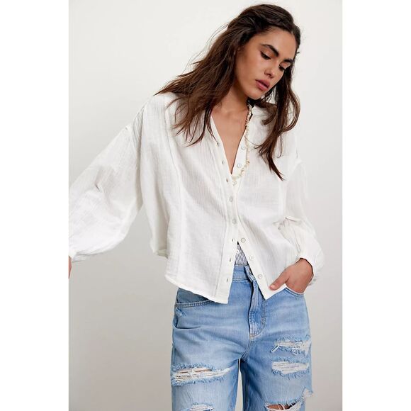 Free People Valley Double Cloth Ivory Button Down Shirt Size S 100% Cotton NWT - Picture 1 of 10